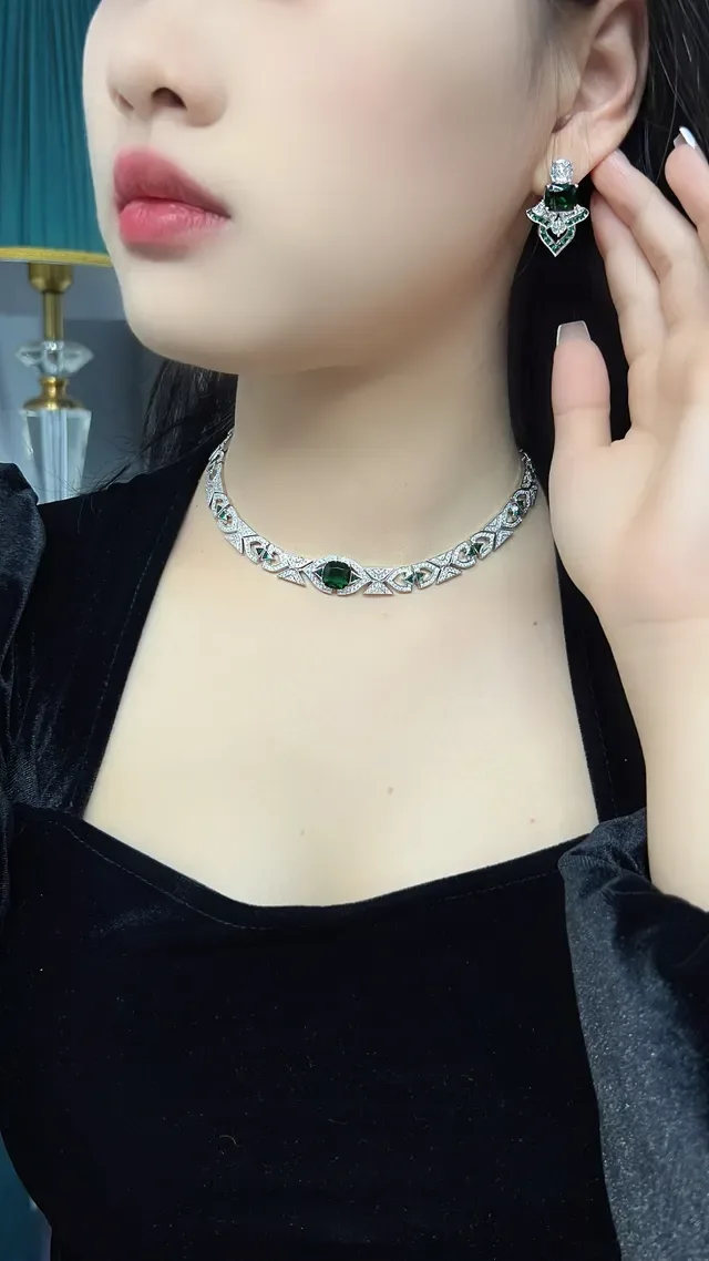 Geometric Pavé Diamond and Emerald Necklace 4