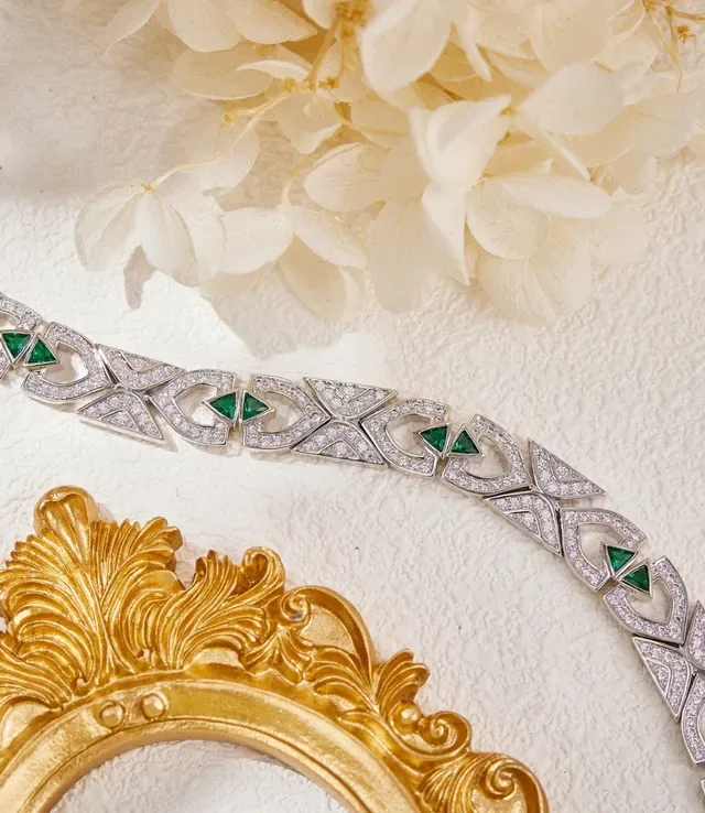 Geometric Pavé Diamond and Emerald Necklace 5