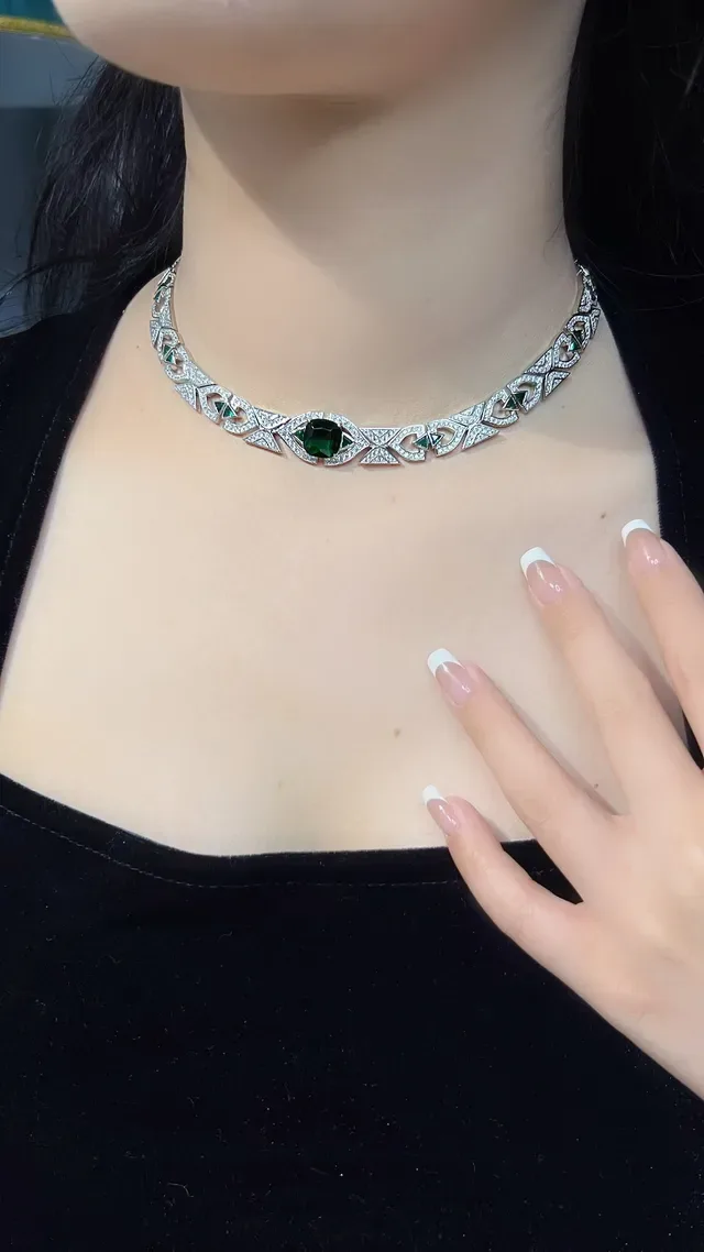 Geometric Pavé Diamond and Emerald Necklace 8