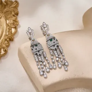 Geometric Pavé Emerald and Onyx Fringe Drop Earrings