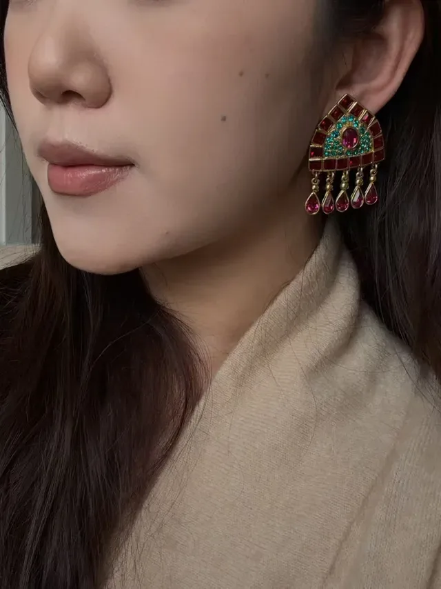 Geometric Red and Turquoise Gemstone Fan Earrings 2