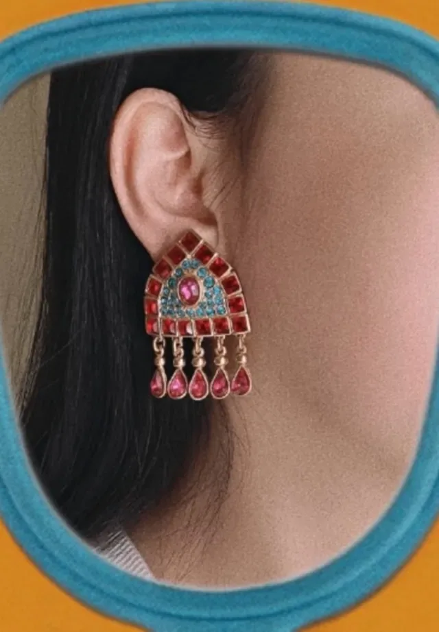 Geometric Red and Turquoise Gemstone Fan Earrings 3