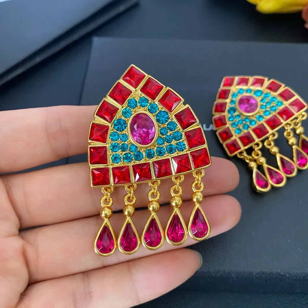 Geometric Red and Turquoise Gemstone Fan Earrings 5