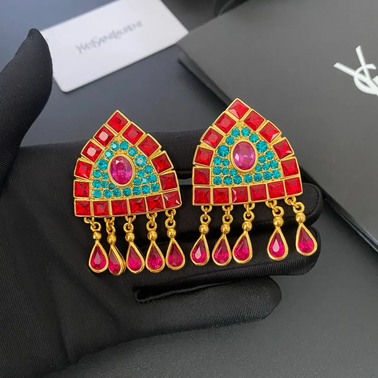 Geometric Red and Turquoise Gemstone Fan Earrings 6