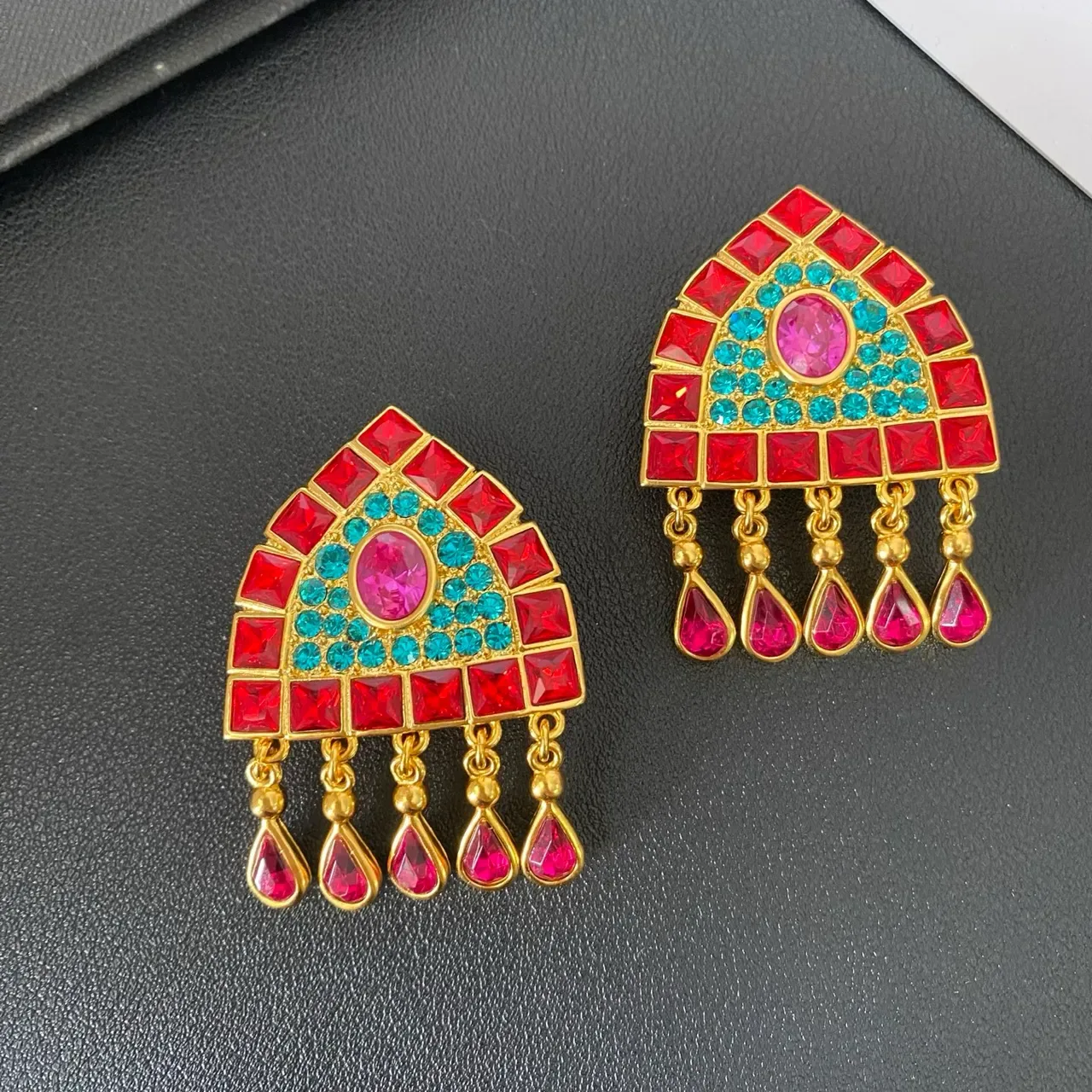 Geometric Red and Turquoise Gemstone Fan Earrings 7