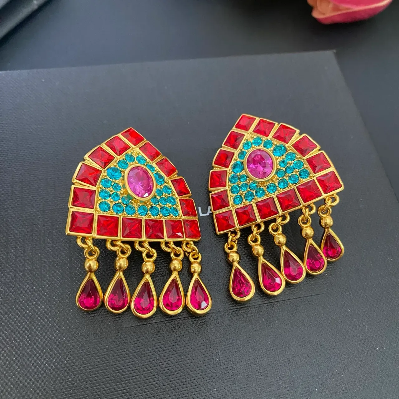 Geometric Red and Turquoise Gemstone Fan Earrings 8