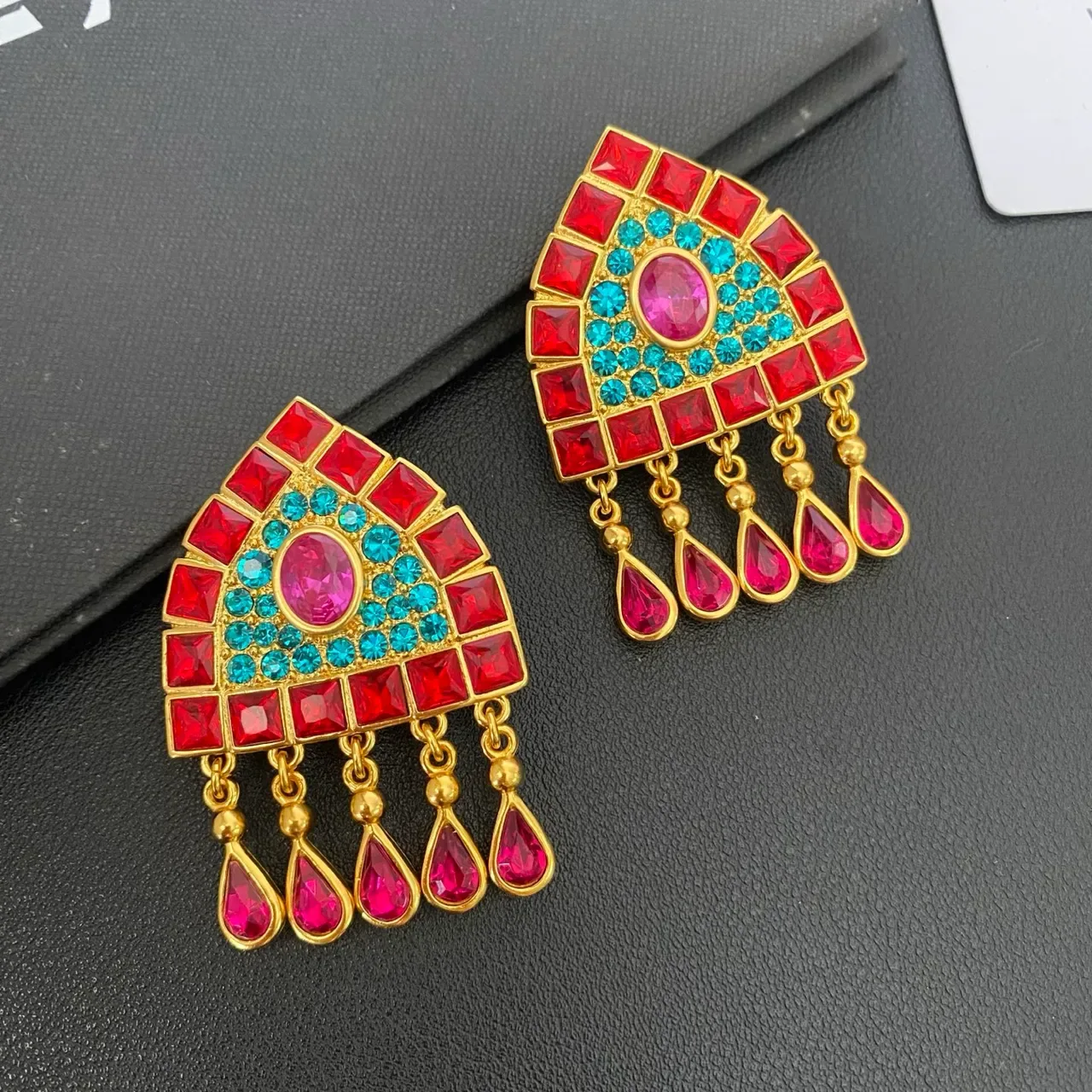 Geometric Red and Turquoise Gemstone Fan Earrings 9