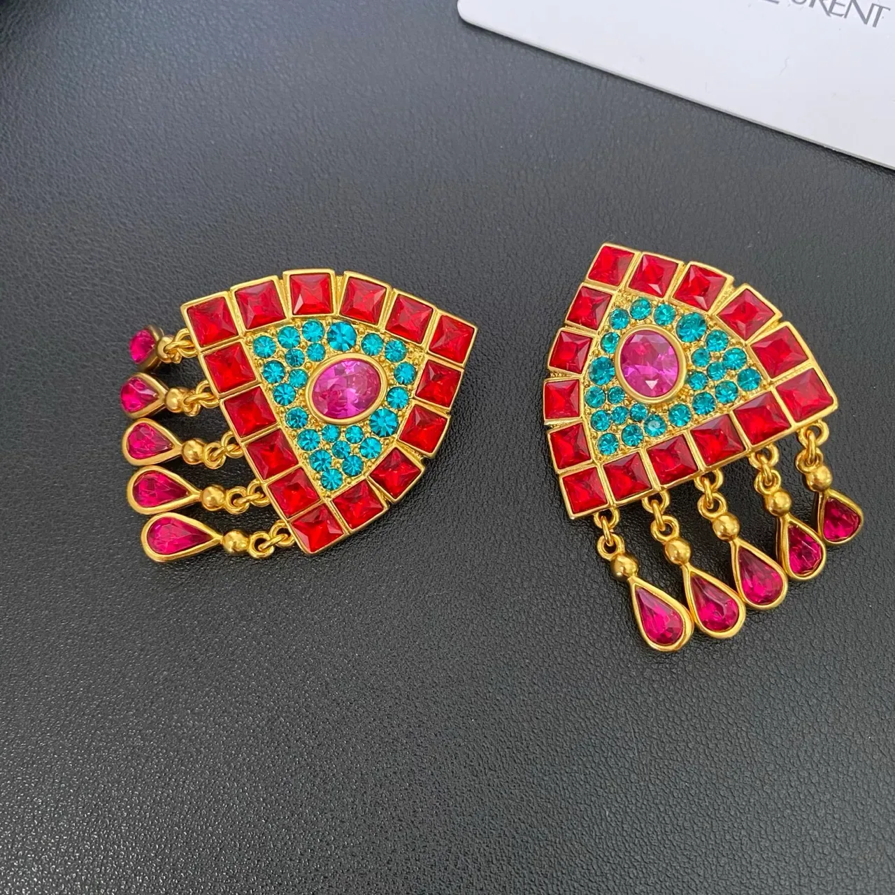 Geometric Red and Turquoise Gemstone Fan Earrings 10