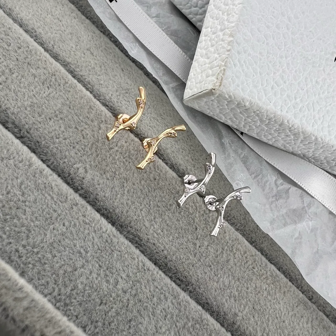 Gold and Silver Branch-Shape Crystal Stud Earrings 3