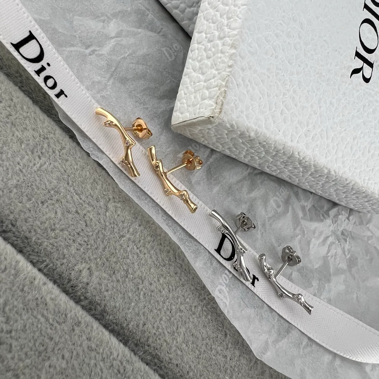 Gold and Silver Branch-Shape Crystal Stud Earrings 2