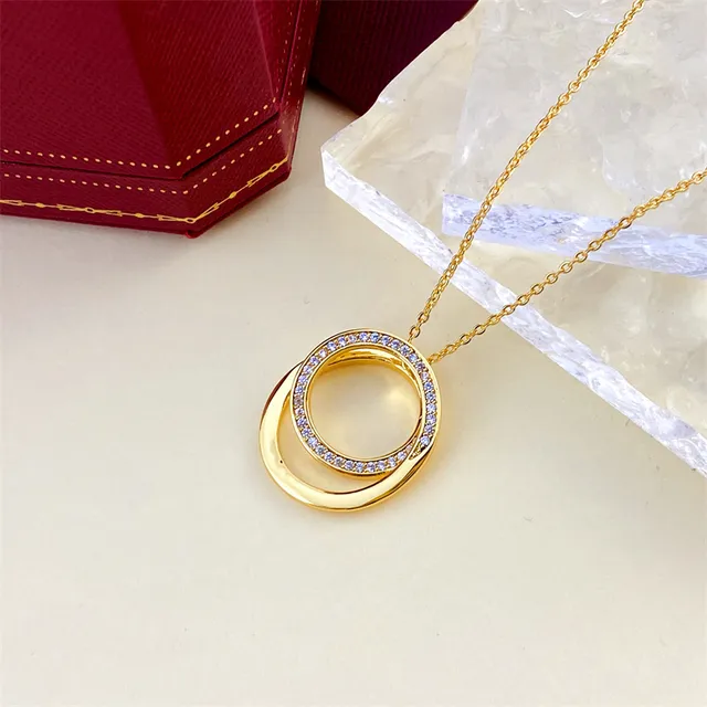 Gold and Silver Double Interlocking Ring Pavé Pendant Necklaces 3