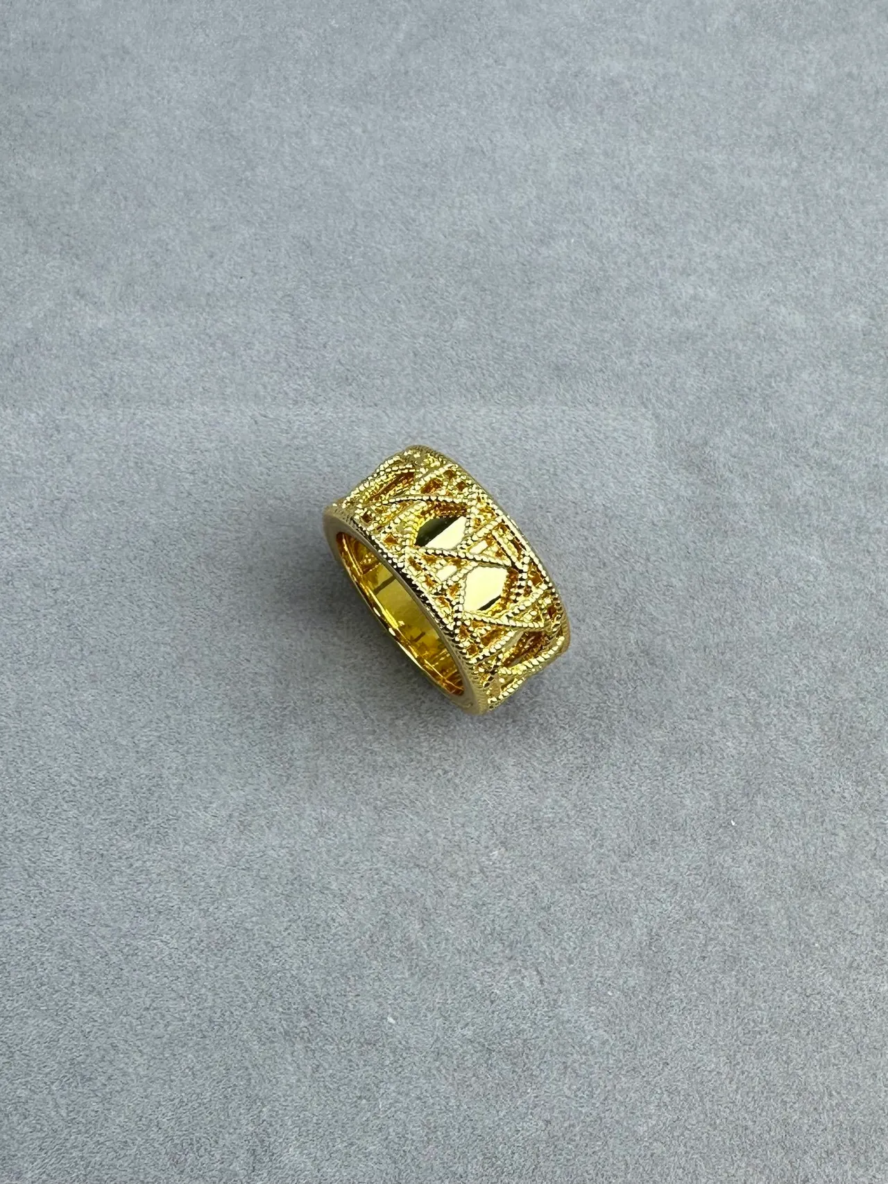 Gold and Silver Openwork Geometric Lattice Wide Band Rings 2