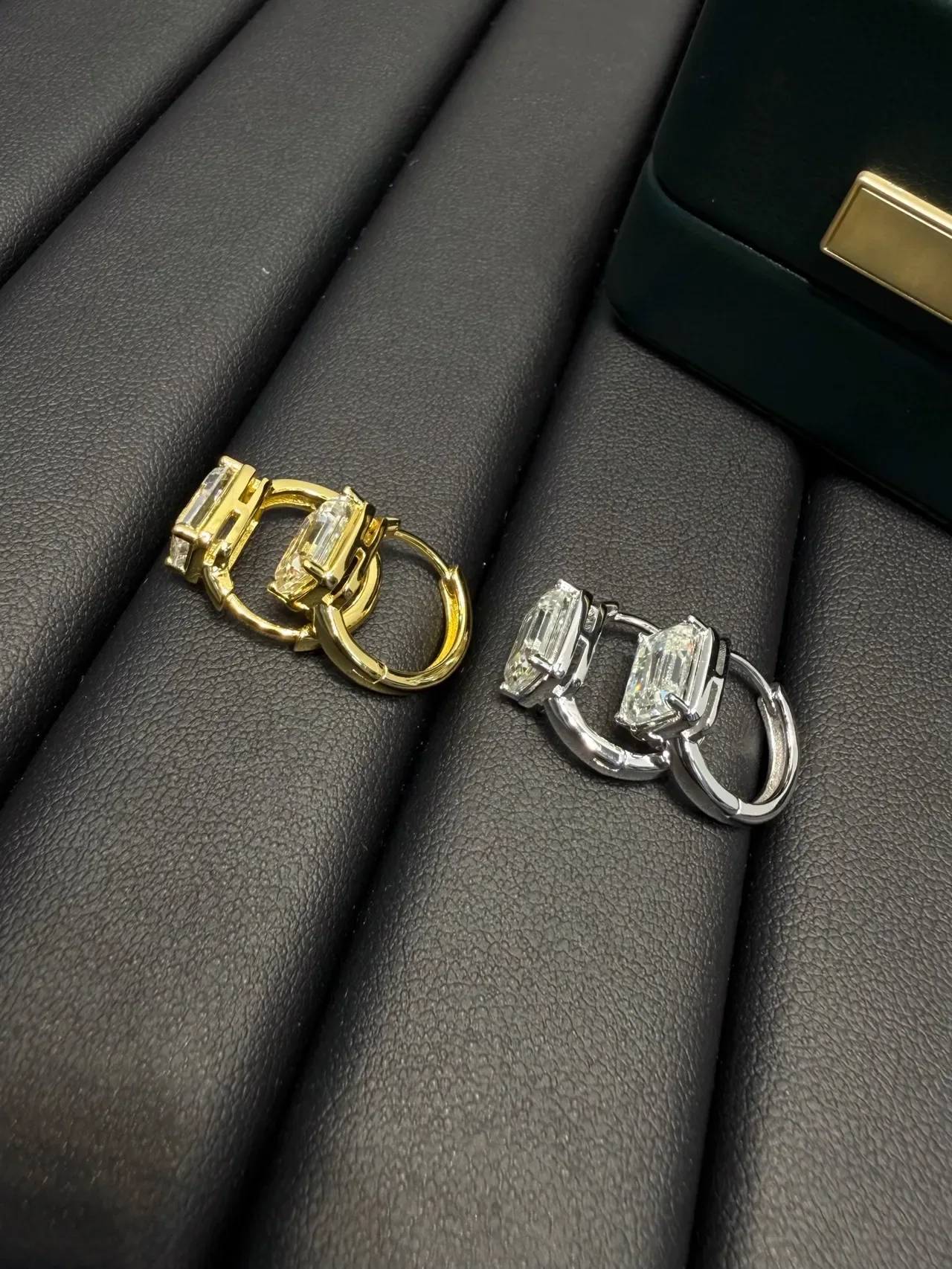 Gold and Silver Tone Rectangular-Cut Stone Hinged Hoop Rings 5