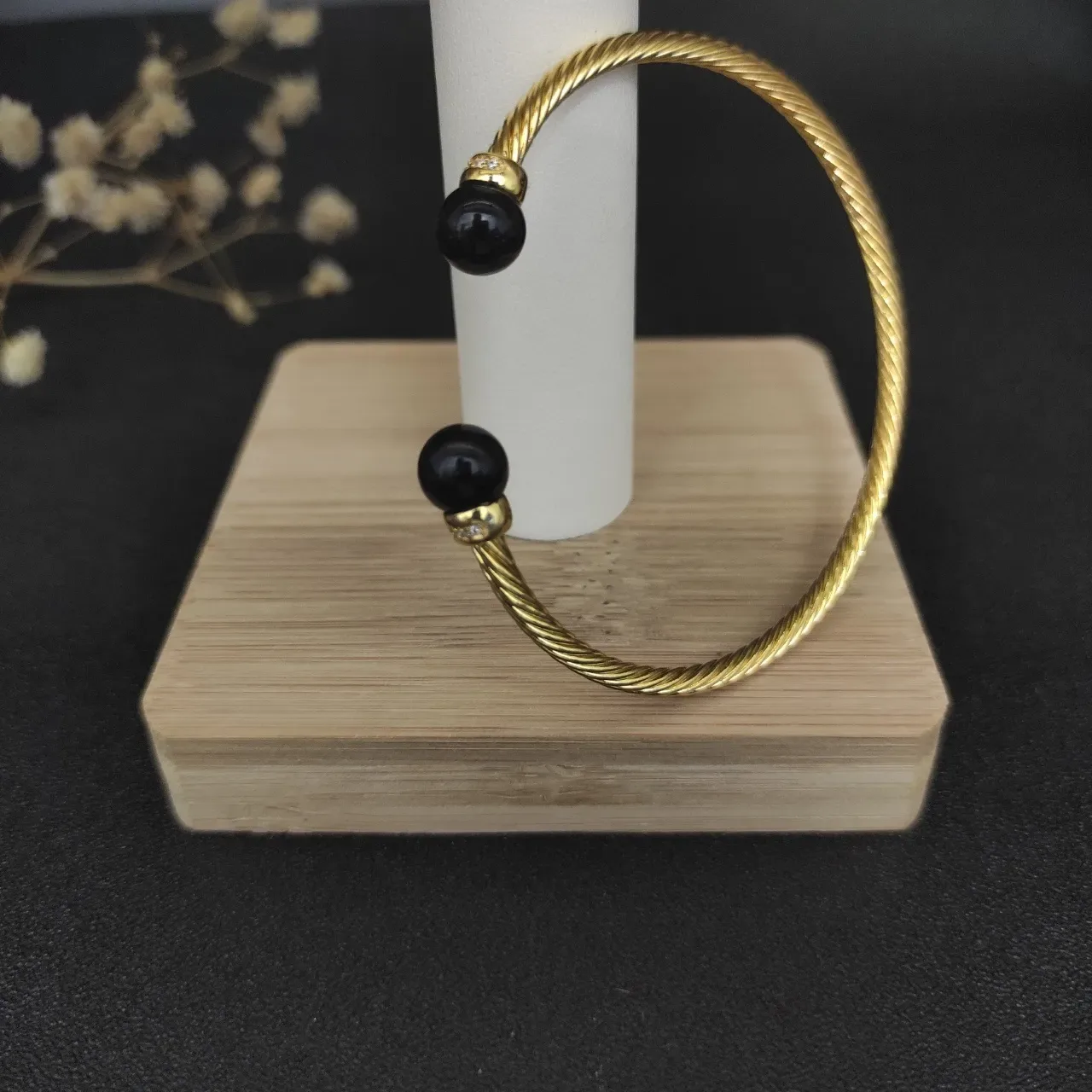 Gold Black Twisted Cable Spherical End Caps Bracelet 5