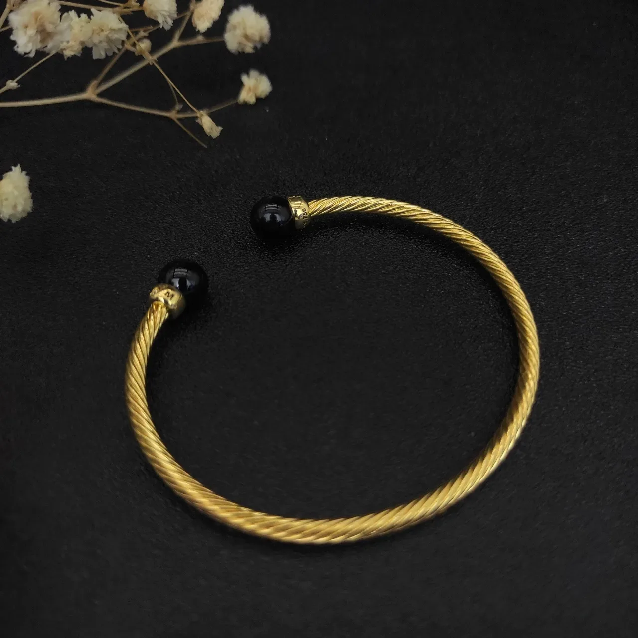 Gold Black Twisted Cable Spherical End Caps Bracelet 7
