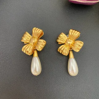Gold Bow Motif Teardrop Dangle Earrings