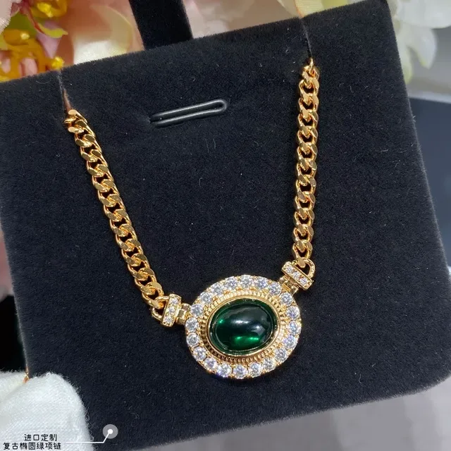 Gold Curb Chain Oval Green Cabochon Pavé Pendant Necklace 2