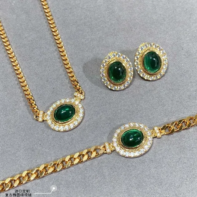 Gold Curb Chain Oval Green Cabochon Pavé Pendant Necklace 3