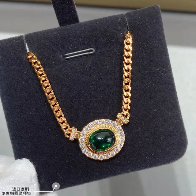 Gold Curb Chain Oval Green Cabochon Pavé Pendant Necklace 4