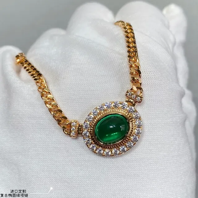 Gold Curb Chain Oval Green Cabochon Pavé Pendant Necklace 6