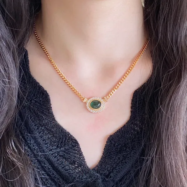 Gold Curb Chain Oval Green Cabochon Pavé Pendant Necklace 7