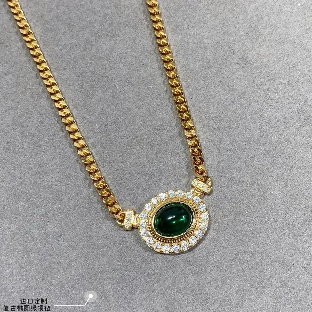 Gold Curb Chain Oval Green Cabochon Pavé Pendant Necklace 9