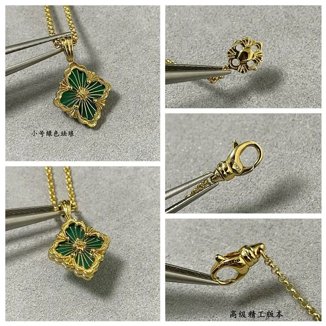 Gold Green Metal Enamel Floral Quatrefoil Motif Necklace 2
