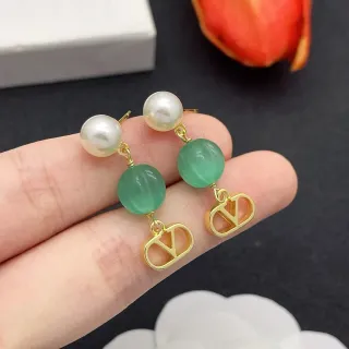 Gold Green Pearl-and-Stone Drop V-Shaped Pendant Earrings