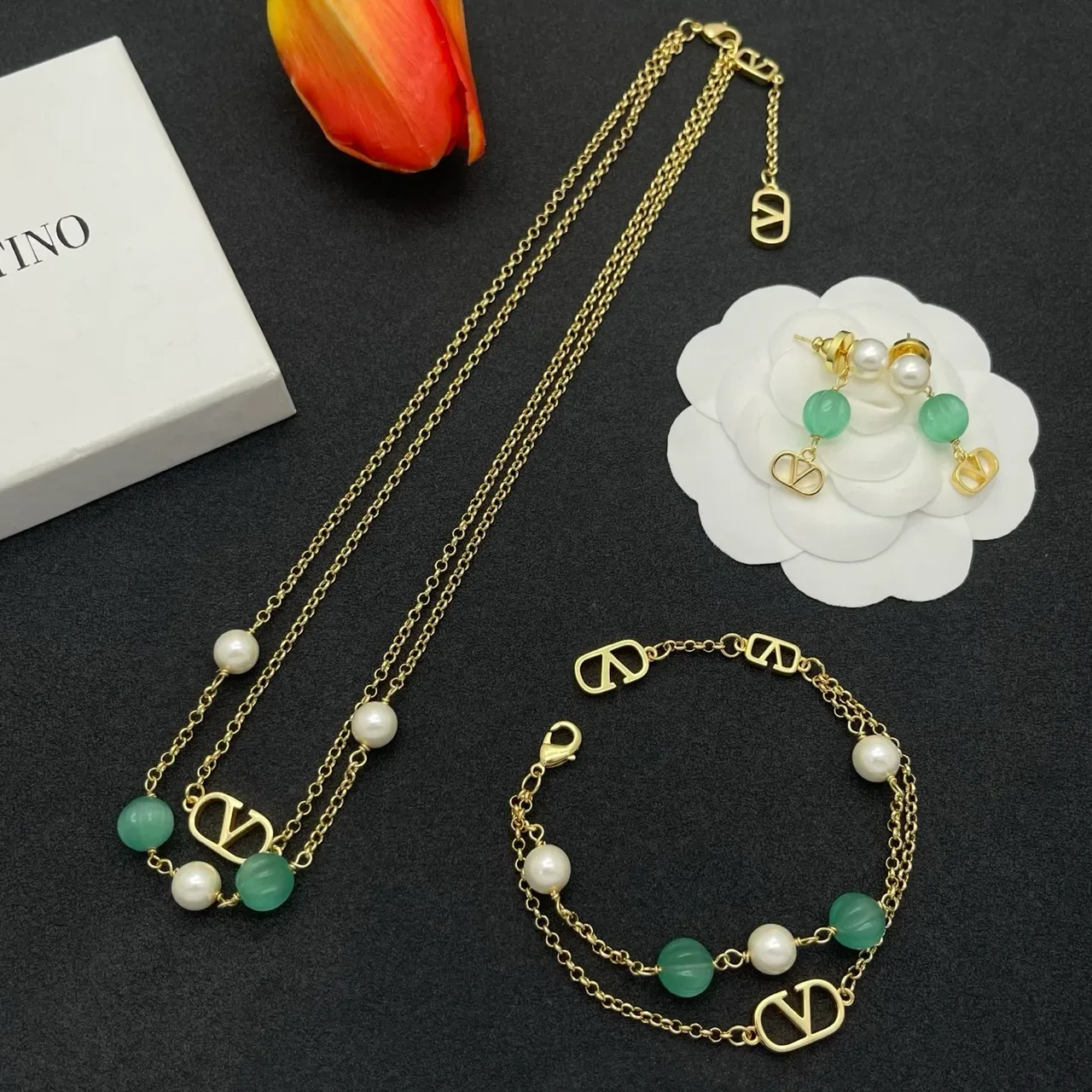 Gold Green Pearl-and-Stone Drop V-Shaped Pendant Earrings 2