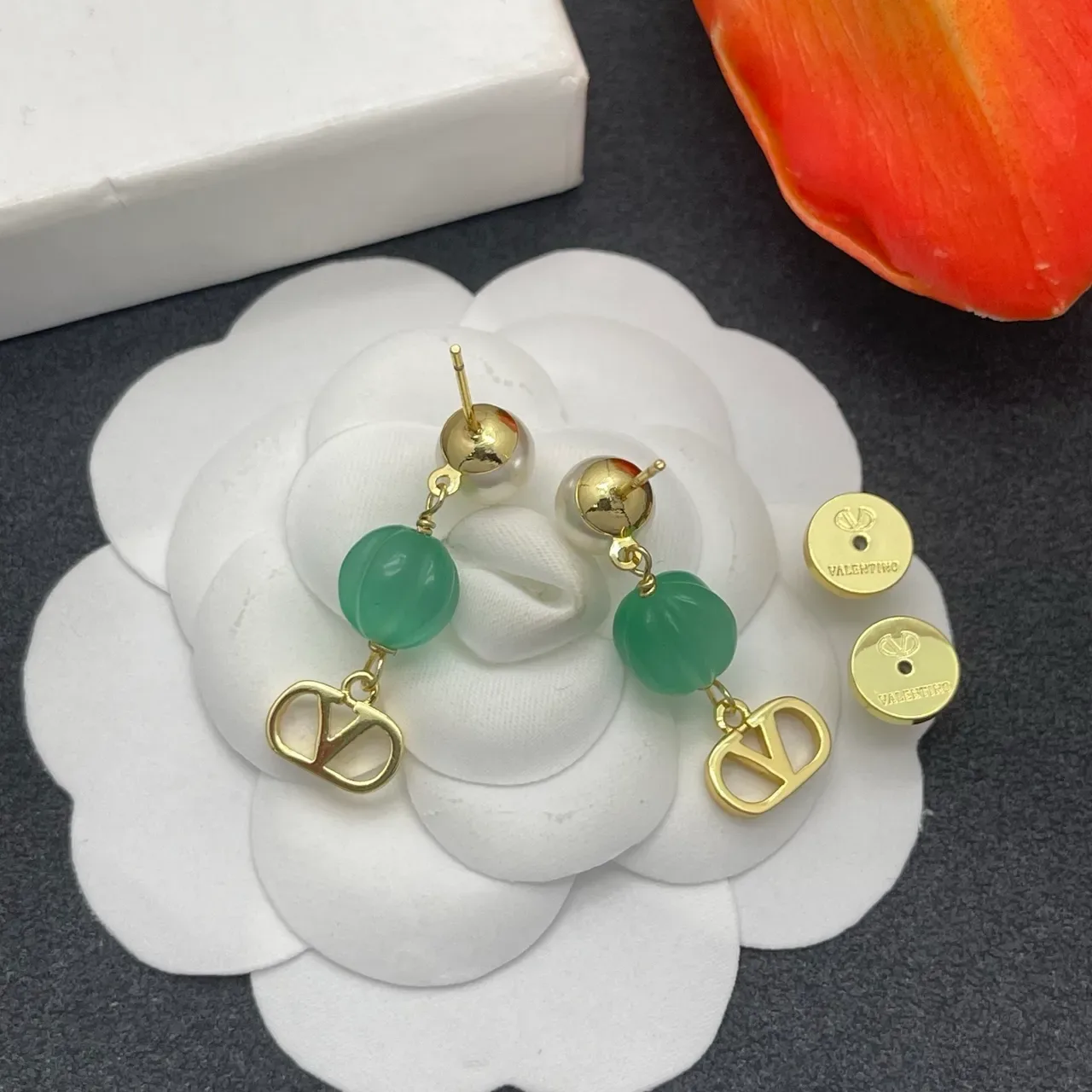 Gold Green Pearl-and-Stone Drop V-Shaped Pendant Earrings 3