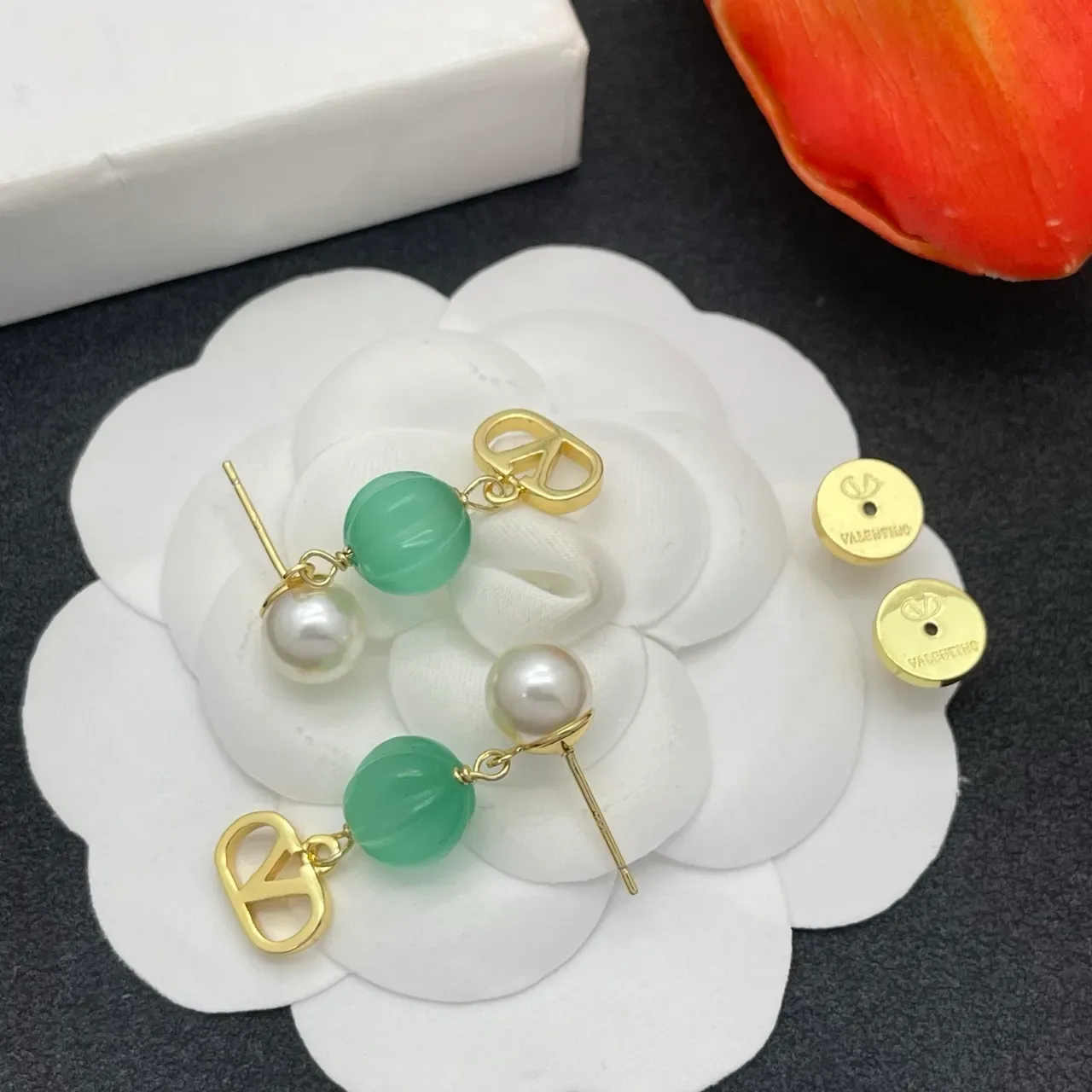 Gold Green Pearl-and-Stone Drop V-Shaped Pendant Earrings 4