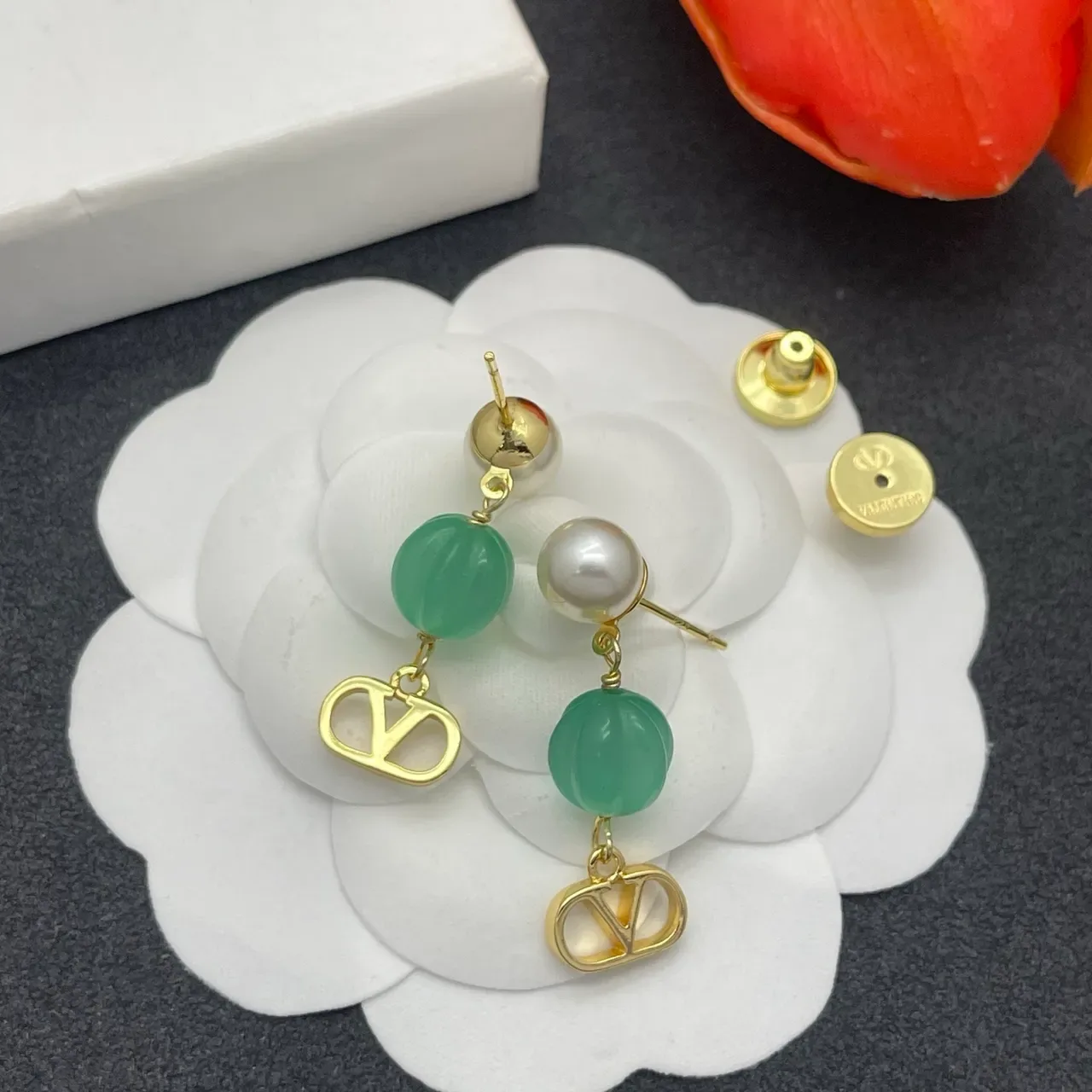 Gold Green Pearl-and-Stone Drop V-Shaped Pendant Earrings 5