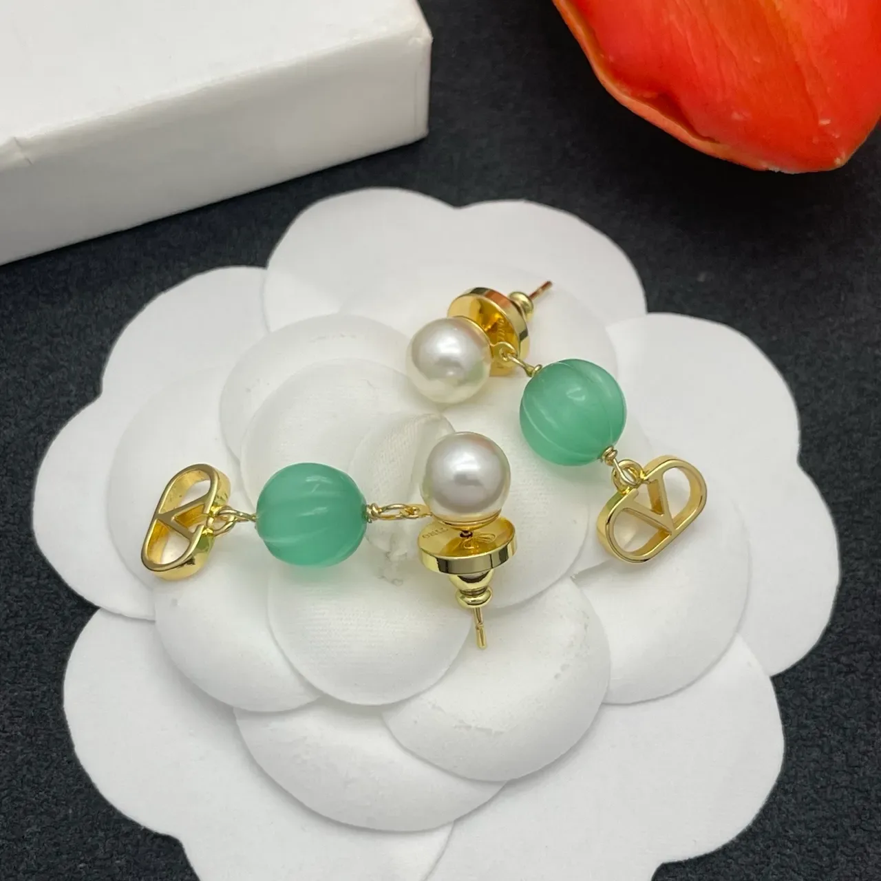 Gold Green Pearl-and-Stone Drop V-Shaped Pendant Earrings 6
