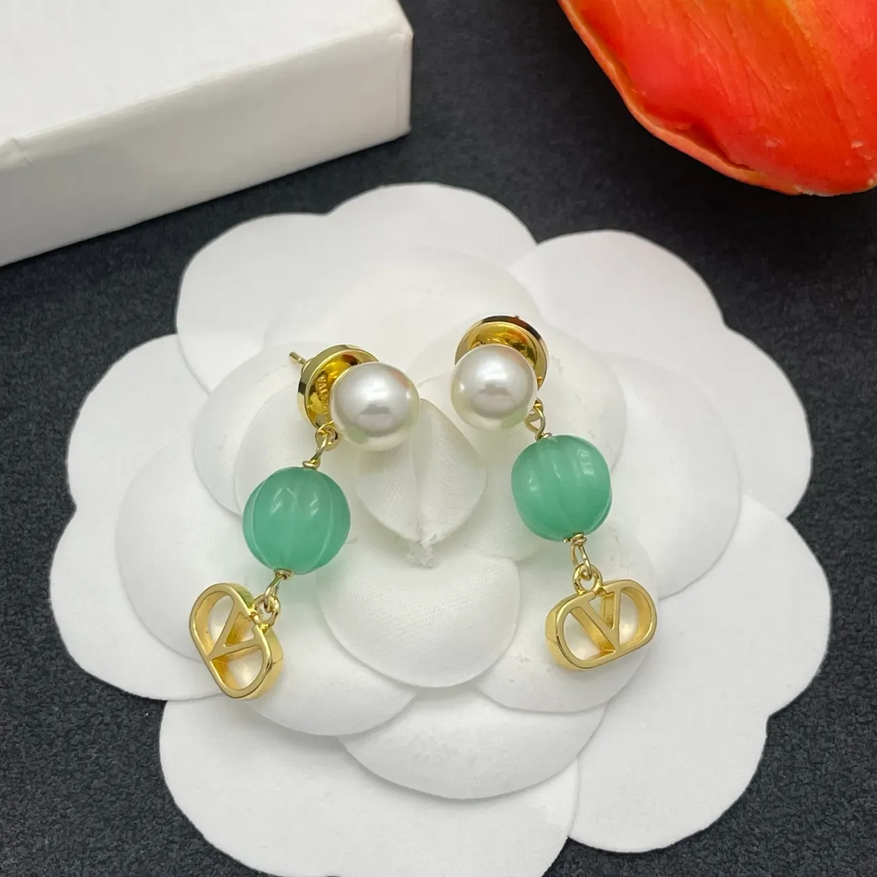 Gold Green Pearl-and-Stone Drop V-Shaped Pendant Earrings 8