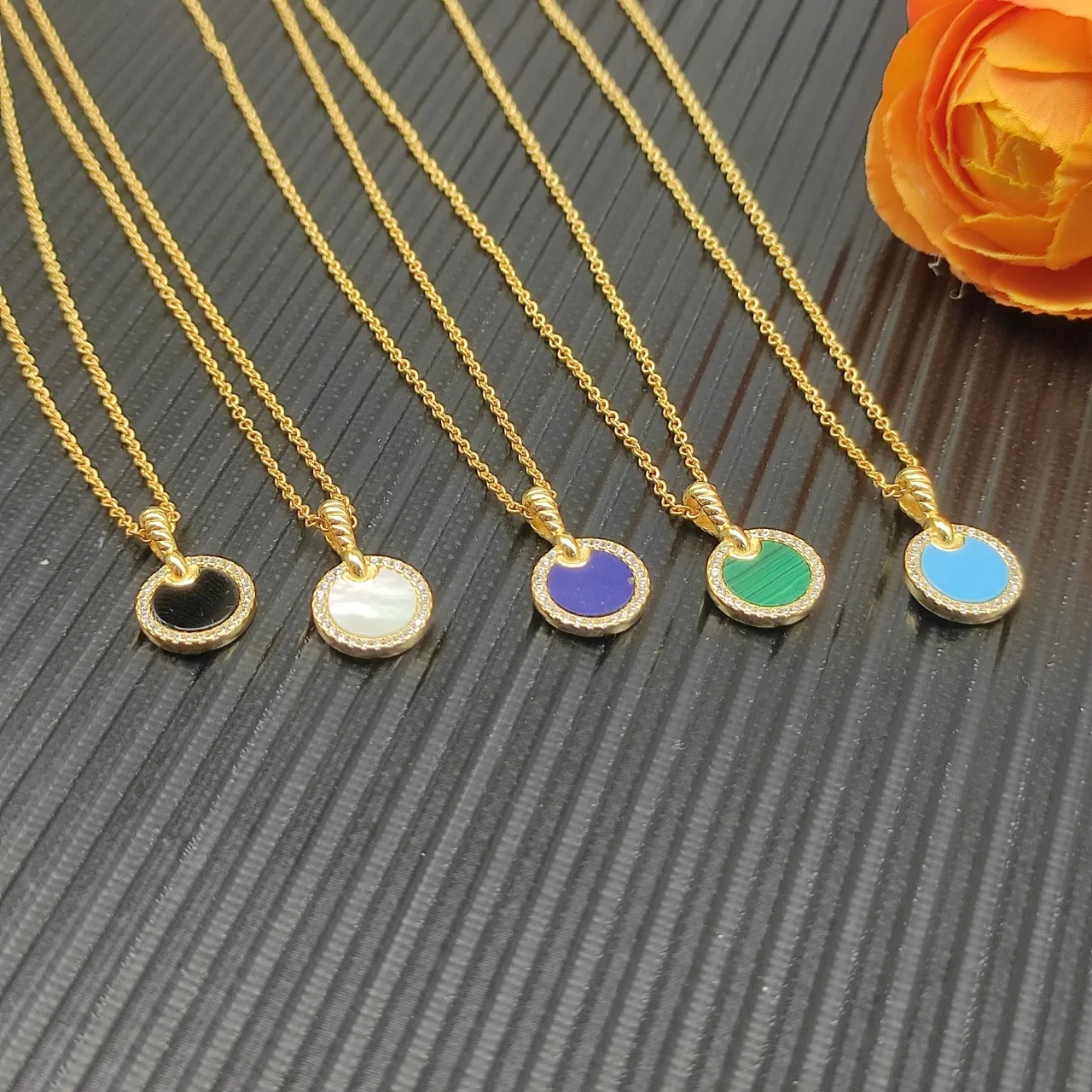 Gold Lapis Lazuli and Diamond Halo Disc Pendant Necklace 3