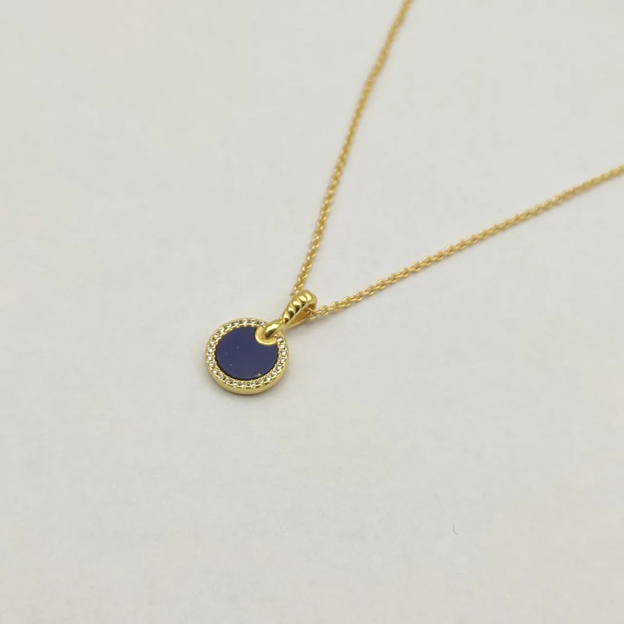 Gold Lapis Lazuli and Diamond Halo Disc Pendant Necklace 5