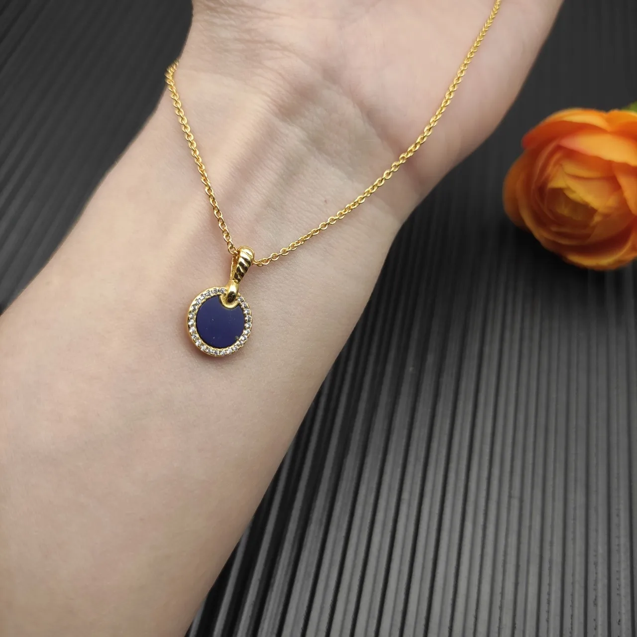 Gold Lapis Lazuli and Diamond Halo Disc Pendant Necklace 6