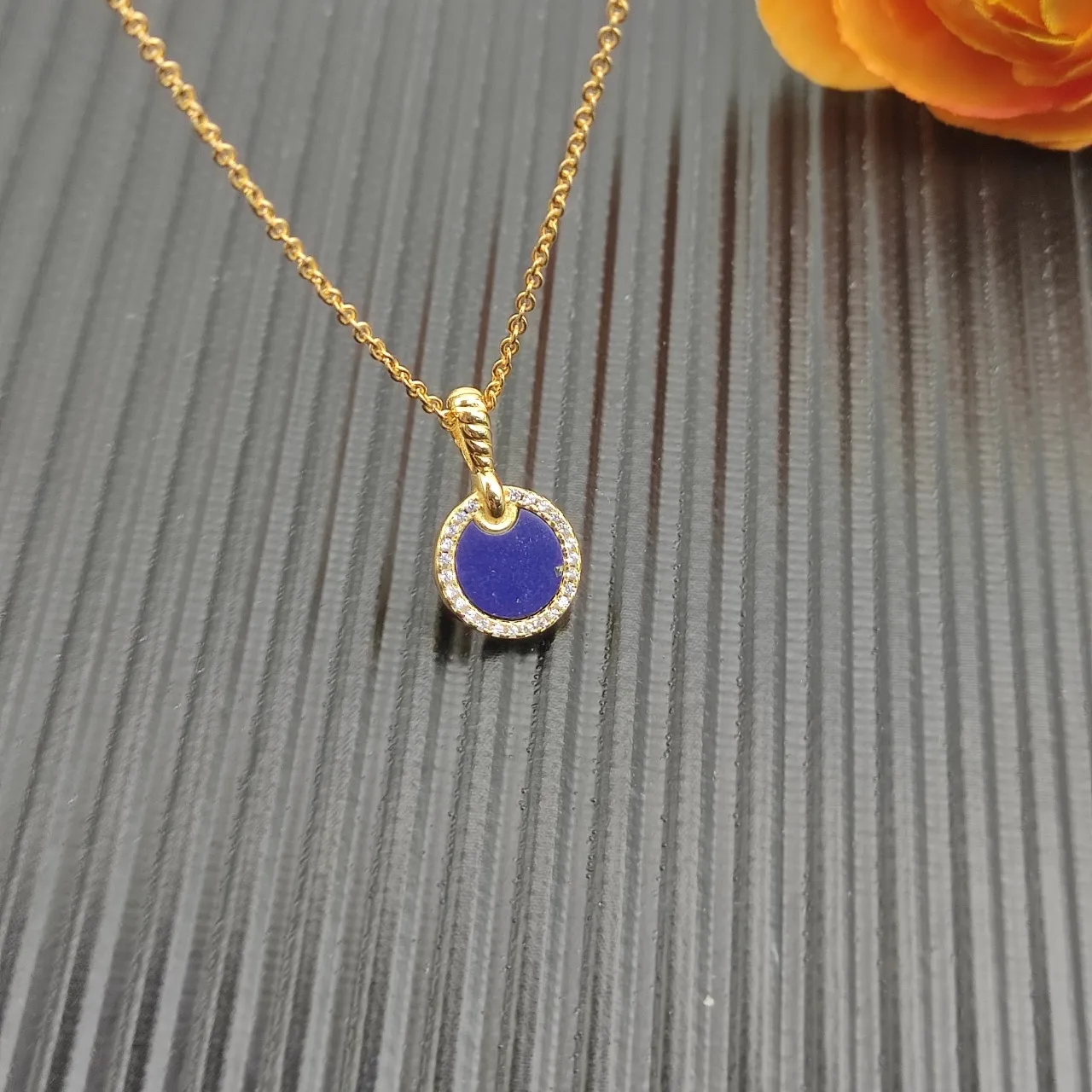 Gold Lapis Lazuli and Diamond Halo Disc Pendant Necklace 7
