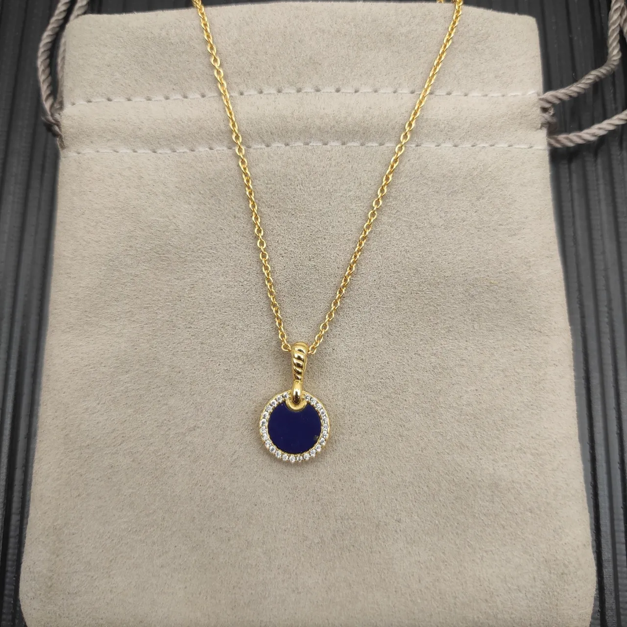 Gold Lapis Lazuli and Diamond Halo Disc Pendant Necklace 8