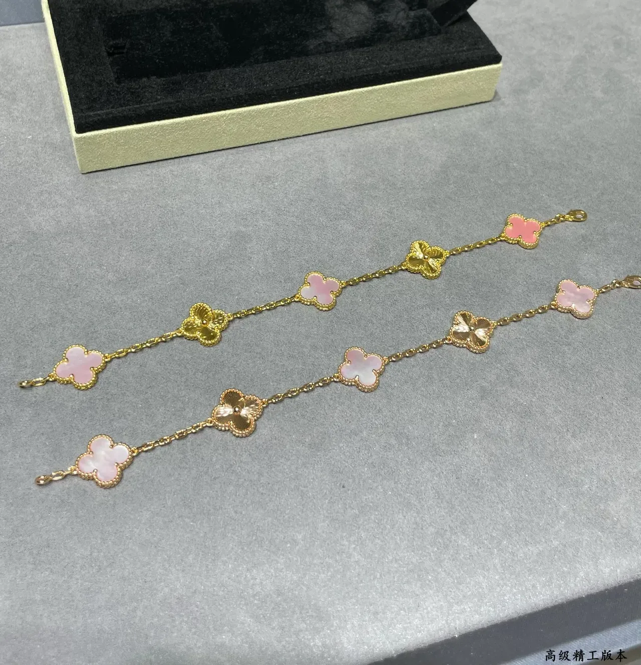 Gold Pink Chain Four-Leaf Clover Charms Bracelet 4
