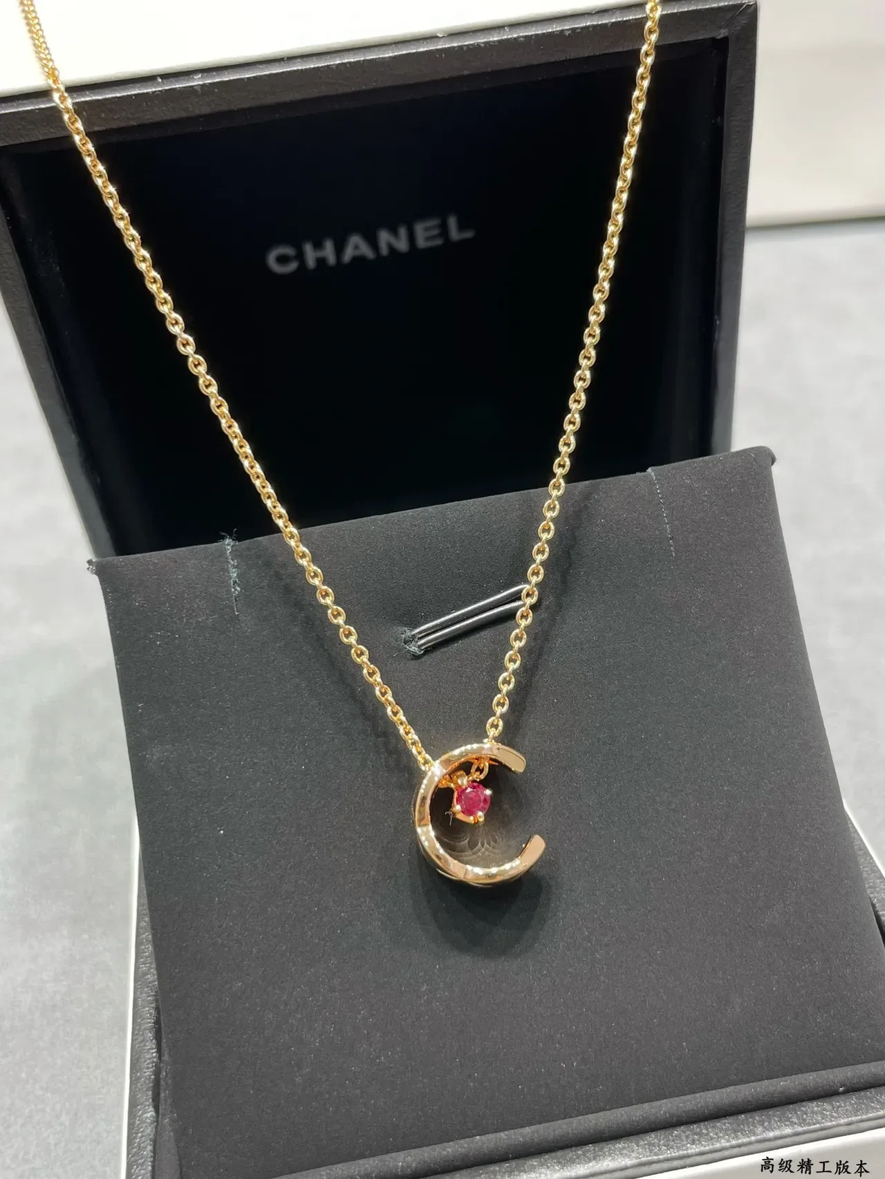 Gold Red Crescent Moon Pendant Solitaire Gemstone Necklace 7
