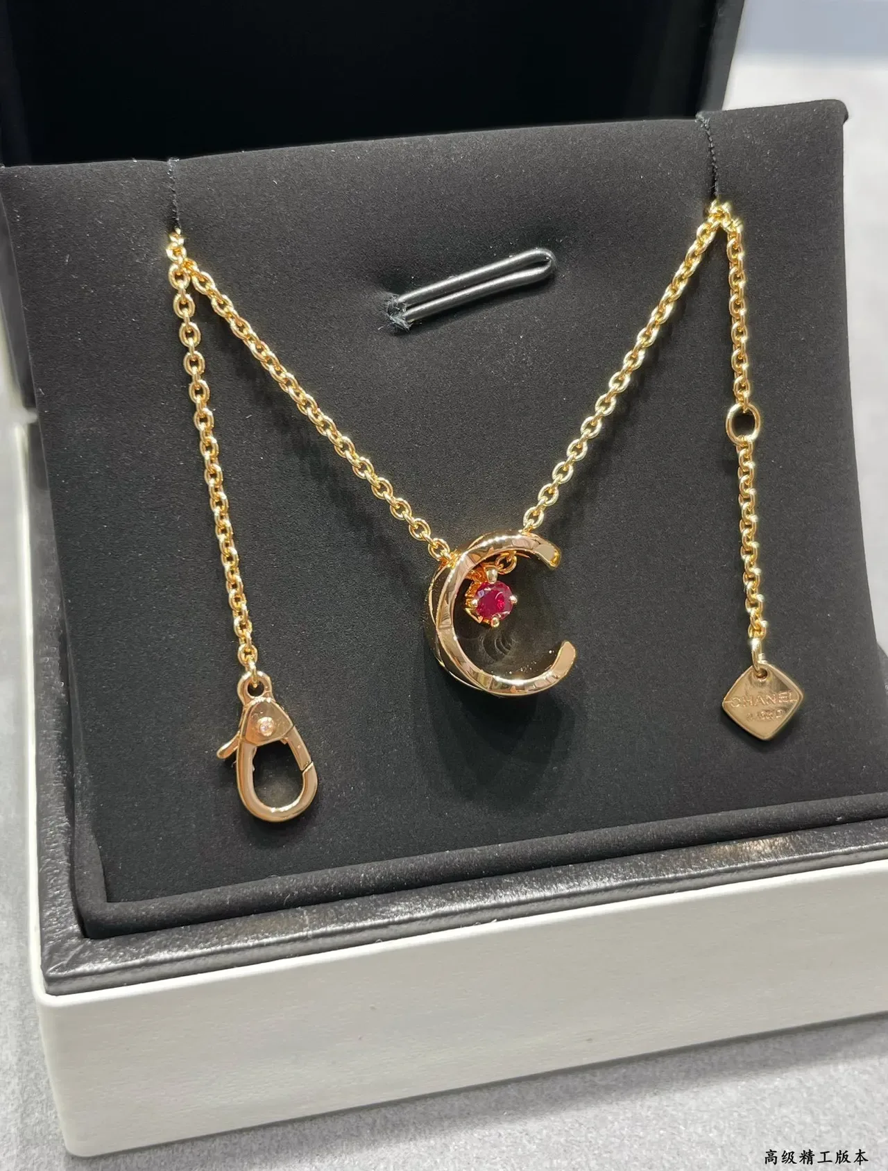 Gold Red Crescent Moon Pendant Solitaire Gemstone Necklace 9