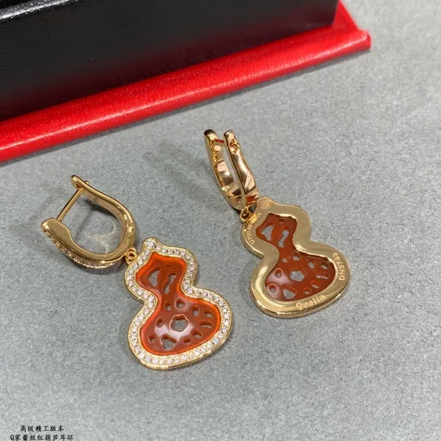 Gold Red Gourd-Shaped Pendant Pavé Crystal Border Earrings 3