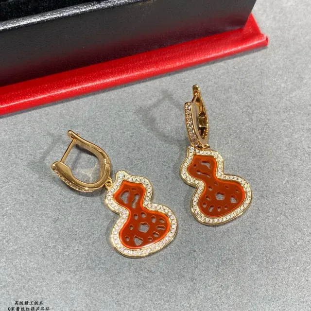 Gold Red Gourd-Shaped Pendant Pavé Crystal Border Earrings 5