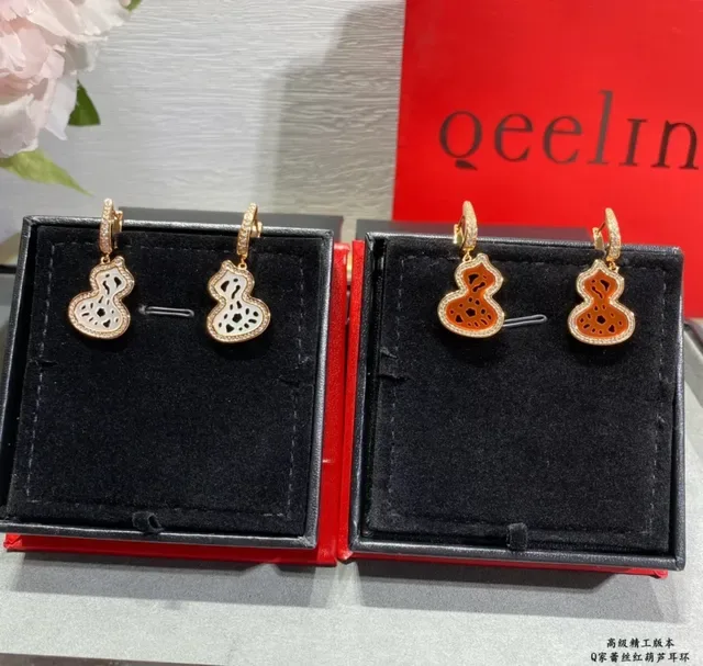 Gold Red Gourd-Shaped Pendant Pavé Crystal Border Earrings 6