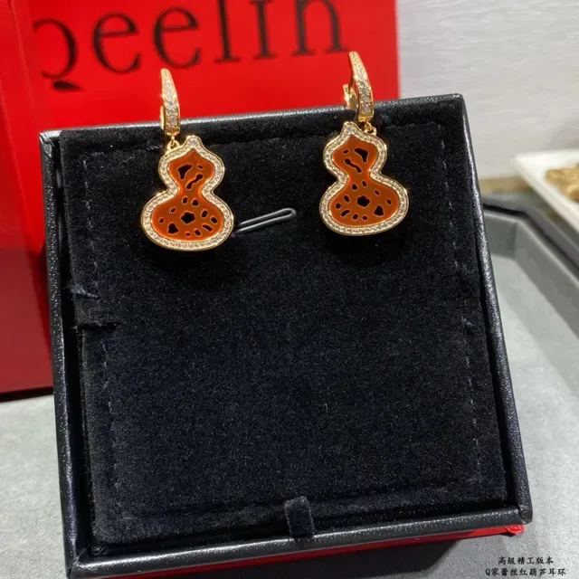 Gold Red Gourd-Shaped Pendant Pavé Crystal Border Earrings 7