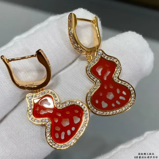 Gold Red Gourd-Shaped Pendant Pavé Crystal Border Earrings 8