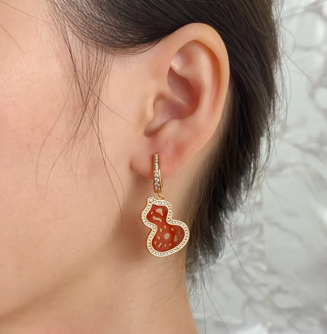 Gold Red Gourd-Shaped Pendant Pavé Crystal Border Earrings 9