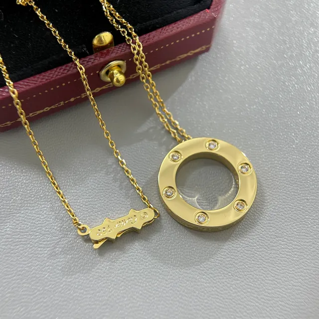 Gold Silver Circular Open-Frame Pendant Six Bezel-Set Clear Stones Necklace 3