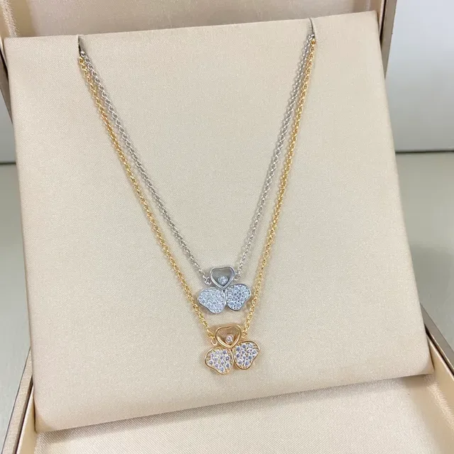 Gold Silver Clover-Shaped Pendant Pavé-Set Stones Necklace 2
